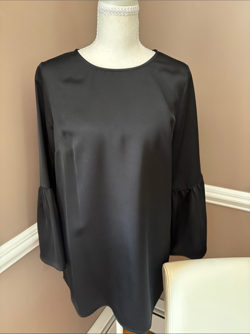 Du Jour Black Satin Bell Sleeve Tunic
